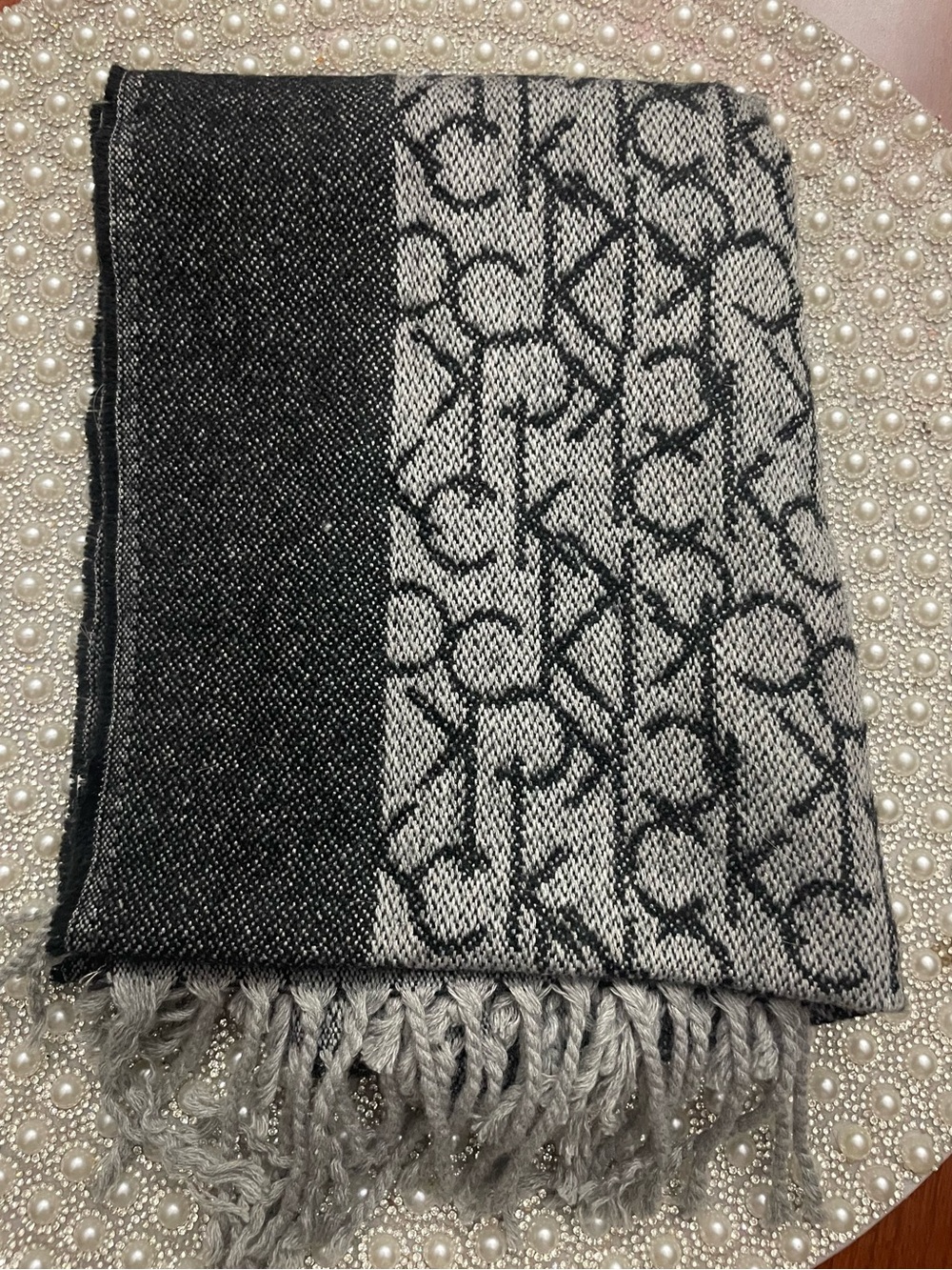 Calvin Klein Black and Gray Logo Jacquard Fringe Scarf